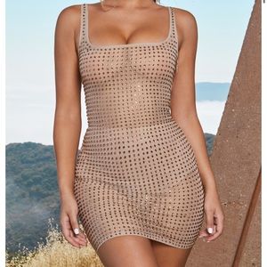 Oh Polly SHEER MESH EMBELLISHED MINI DRESS -BEIGE